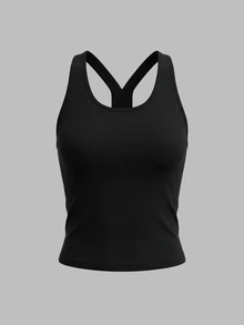 Sweetra Solid Color Backless Halter Neck Sports Sporty Modest Tank Top Gym All Black Summer - Black - View 4
