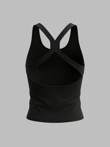 Sweetra Solid Color Backless Halter Neck Sports Sporty Modest Tank Top Gym All Black Summer - Black - View 2