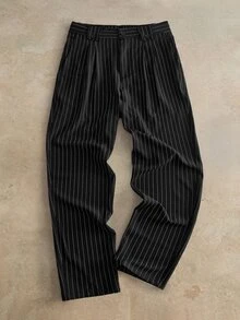 HIMLAND Men's Striped Pleated Casual Commute Long Pants - Black - View 1