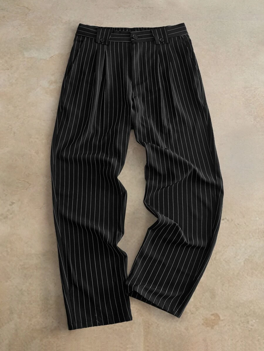 HIMLAND Men's Striped Pleated Casual Commute Long Pants - Black - View 1