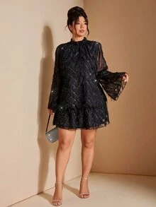Cravure Women's Plus Size Spring Summer Autumn Date Party Gathering Holiday Jacquard Stand Collar Flare Sleeve Balloon Dress Fall - Black - View 3