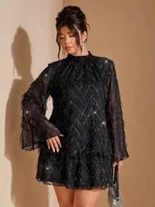 Cravure Women's Plus Size Spring Summer Autumn Date Party Gathering Holiday Jacquard Stand Collar Flare Sleeve Balloon Dress Fall - Black - View 7