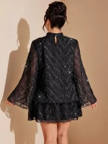 Cravure Women's Plus Size Spring Summer Autumn Date Party Gathering Holiday Jacquard Stand Collar Flare Sleeve Balloon Dress Fall - Black - View 4