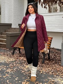 SHEIN EZwear 大尺碼保暖內裡加厚中長版外套，冬季辦公室與外出穿著，酒紅色休閒寬鬆俐落風 - 酒紅色 - 查看 3