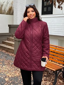 SHEIN EZwear 大尺碼保暖內裡加厚中長版外套，冬季辦公室與外出穿著，酒紅色休閒寬鬆俐落風 - 酒紅色 - 查看 5