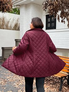 SHEIN EZwear 大尺碼保暖內裡加厚中長版外套，冬季辦公室與外出穿著，酒紅色休閒寬鬆俐落風 - 酒紅色 - 查看 2
