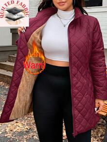 SHEIN EZwear 大尺碼保暖內裡加厚中長版外套，冬季辦公室與外出穿著，酒紅色休閒寬鬆俐落風 - 酒紅色 - 查看 1