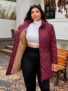 SHEIN EZwear 大尺碼保暖內裡加厚中長版外套，冬季辦公室與外出穿著，酒紅色休閒寬鬆俐落風 - 酒紅色 - 查看 6