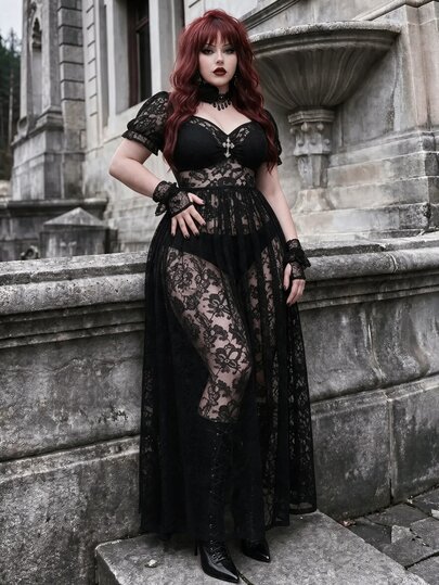 Whyspr Sweetheart Neck Square Neck Puff Sleeve Short Sleeve Sheer Sexy Lace A-Line Dress Vintage Punk Gothic Grunge Dark Style Cosplay Halloween Cross Vampire Plus Size Women's Dress