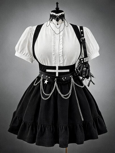 Sunspun Gaun Lolita Maid Hitam Putih Patchwork Lengan Pendek Ukuran Plus dengan Pinggang yang Diikat
