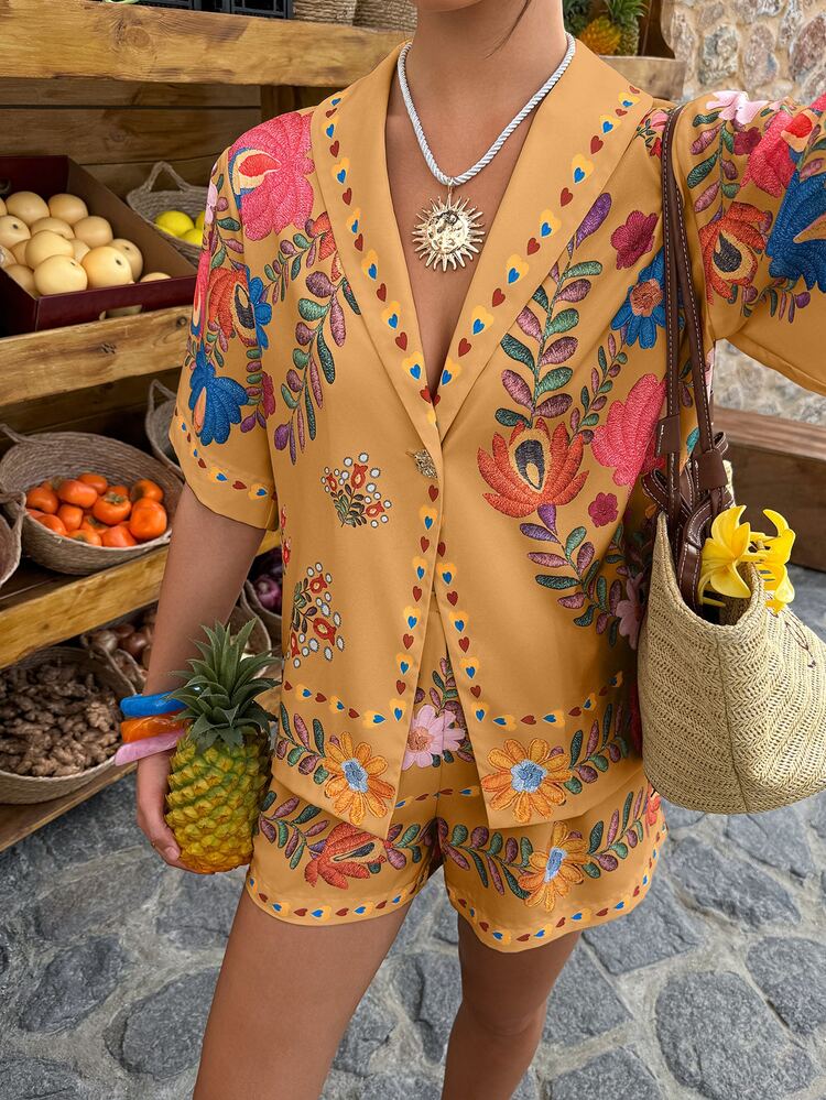 Louniche White Two Pieces Set,Colorful Floral Prints Short-Sleeve Blazer & Shorts,Gold Button Accents,Bohemian Style Beige Summer Boho Holiday Vacation Holiday - Multicolor - View 5