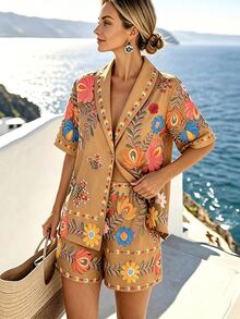 Louniche White Two Pieces Set,Colorful Floral Prints Short-Sleeve Blazer & Shorts,Gold Button Accents,Bohemian Style Beige Summer Boho Holiday Vacation Holiday - Multicolor - View 1