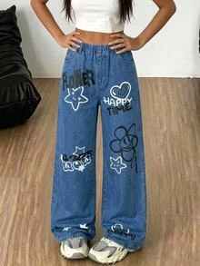 SHEIN Girlism 女童寬鬆深藍色牛仔褲，愛心與花朵塗鴉圖案，可愛基礎款，秋冬休閒，適合萬聖節、新年、校園穿搭 - 藍白色 - 查看 2