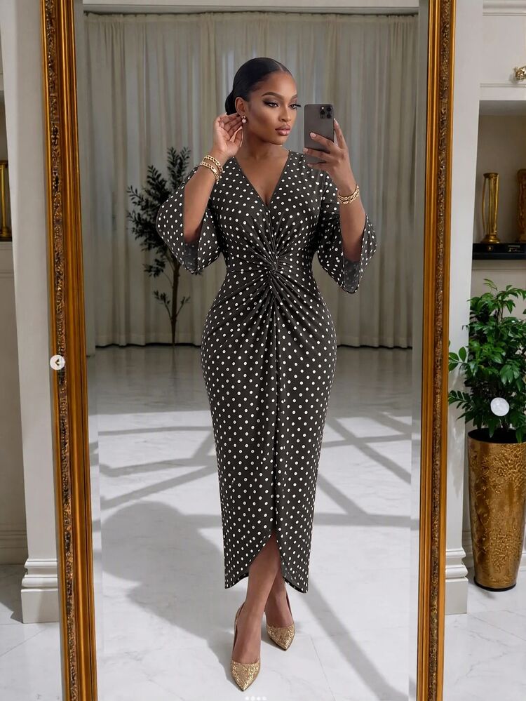 SHEIN Lady CURVE Plus Size Women V-Neck Brown Knot Ruched Casual Elegant 1960s Elegant Party Dates Wedding Dress Autumn Fall - Brown - View 4
