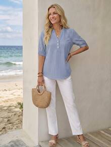 EMERY ROSE Camisa casual minimalista de mujer con estampado de rayas azules y blancas, adecuada para el verano - Multicolor - Ver 3