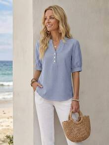 EMERY ROSE Camisa casual minimalista de mujer con estampado de rayas azules y blancas, adecuada para el verano - Multicolor - Ver 4