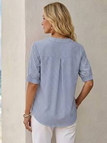 EMERY ROSE Camisa casual minimalista de mujer con estampado de rayas azules y blancas, adecuada para el verano - Multicolor - Ver 2