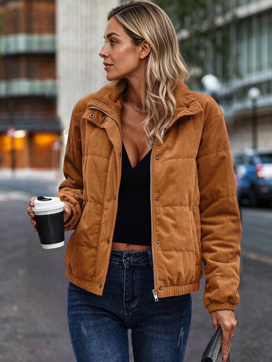 Louniche Snap Button Up Padded Padded Coat Clothes Winter Fall/Winter,Autumn - Redwood - View 1