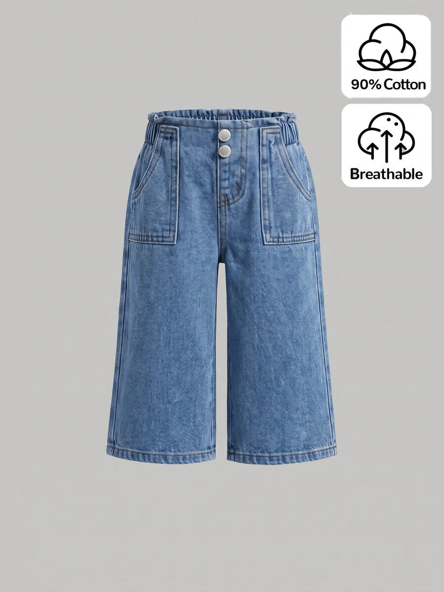 SHEIN Baby Girl Waist Button Design Casual Loose Denim Jeans - Light Wash - View 1