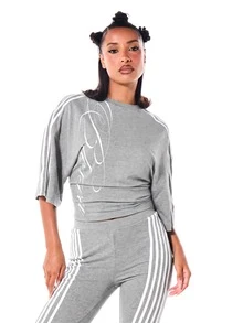SUMWON WOMEN Crop Top Oversized dengan Detail Garis Putih dan Cetakan Tulisan, Kerah Bulat, Lengan Panjang Siku, Hem Bergaris, Atasan Kasual untuk Sehari-hari - Grey - View 5