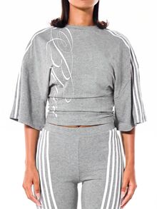 SUMWON WOMEN Crop Top Oversized dengan Detail Garis Putih dan Cetakan Tulisan, Kerah Bulat, Lengan Panjang Siku, Hem Bergaris, Atasan Kasual untuk Sehari-hari - Grey - View 6