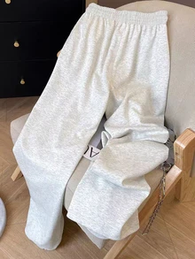 Resyla 淺灰色保暖內裡抽繩彈性腰寬腿運動長褲 女款 秋冬 寬鬆垂墜直筒休閒保暖運動褲 美式慵懶加厚保暖內裡高腰抽繩修身垂墜拖地長褲 - 灰色 - 查看 2