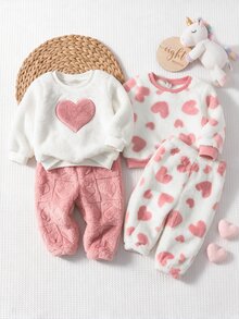 SHEIN 女嬰秋冬可愛毛茸茸愛心圖案居家服套裝 - 粉色 - 查看 7