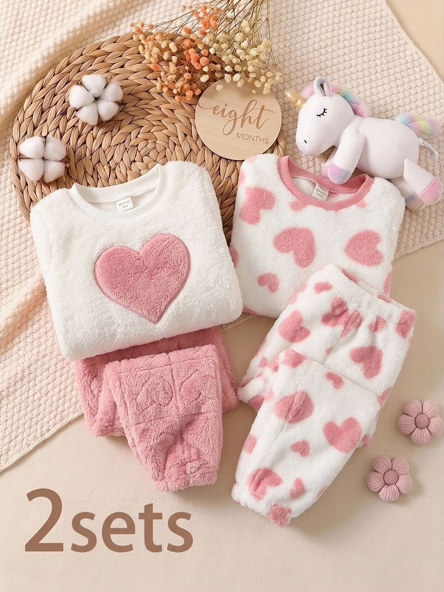 SHEIN 女嬰秋冬可愛毛茸茸愛心圖案居家服套裝 - 粉色 - 查看 1