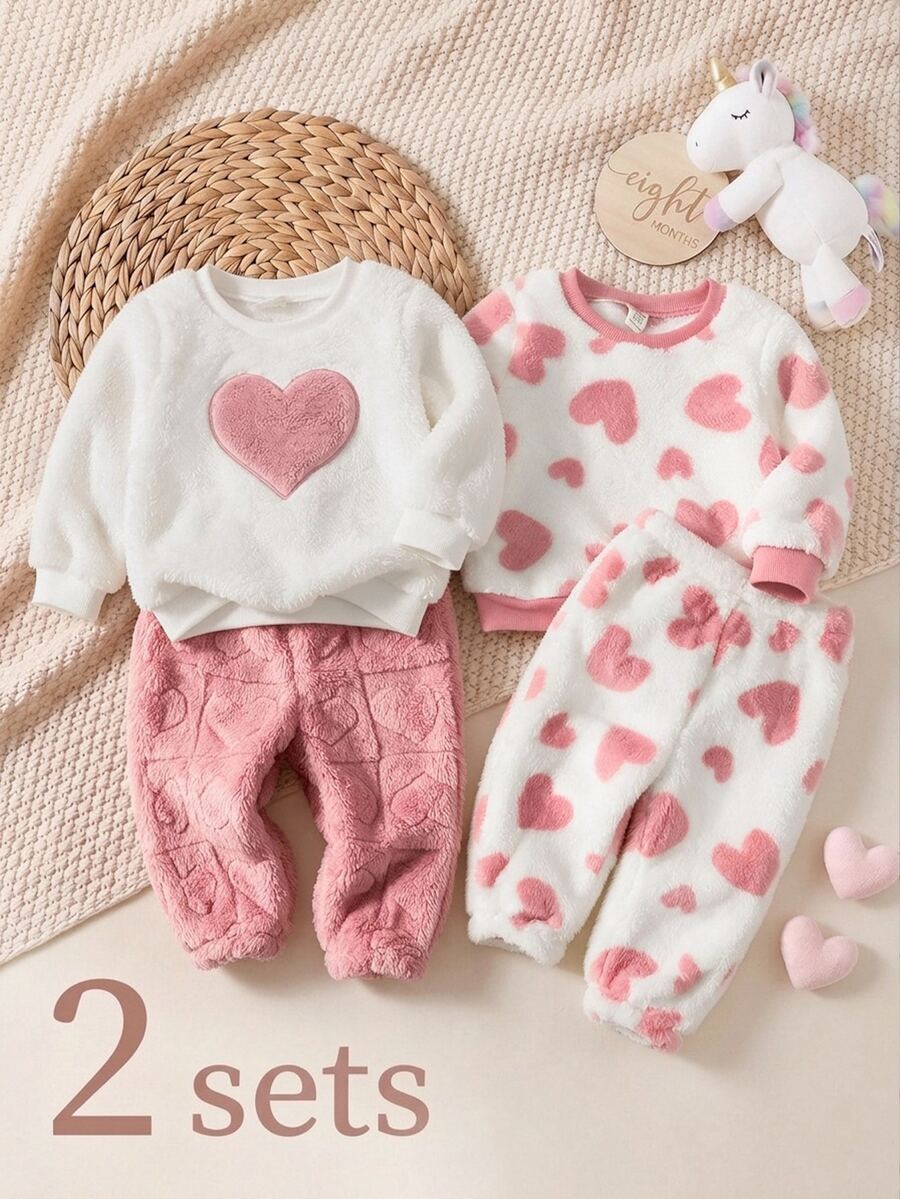 SHEIN Baby Girl Autumn/Winter Cute Fluffy Heart Pattern Loungewear Set - Pink - View 1