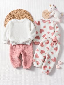 SHEIN 女嬰秋冬可愛毛茸茸愛心圖案居家服套裝 - 粉色 - 查看 6