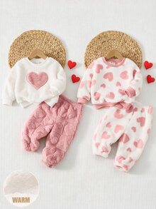 SHEIN 女嬰秋冬可愛毛茸茸愛心圖案居家服套裝 - 粉色 - 查看 8