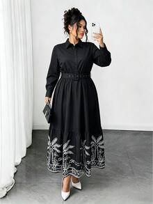 Elenzga Fashion Casual Vacation French Vintage Elegant Commuter Colorblock Print Waist-Cinching Dress Fall - Black - View 9