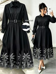 Elenzga Fashion Casual Vacation French Vintage Elegant Commuter Colorblock Print Waist-Cinching Dress Fall - Black - View 5