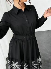 Elenzga Fashion Casual Vacation French Vintage Elegant Commuter Colorblock Print Waist-Cinching Dress Fall - Black - View 3