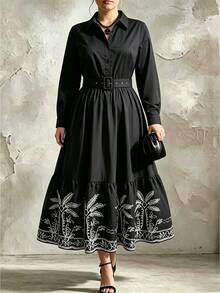 Elenzga Fashion Casual Vacation French Vintage Elegant Commuter Colorblock Print Waist-Cinching Dress Fall - Black - View 8
