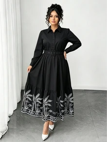 Elenzga Fashion Casual Vacation French Vintage Elegant Commuter Colorblock Print Waist-Cinching Dress Fall - Black - View 4