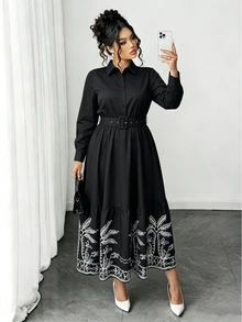 Elenzga Fashion Casual Vacation French Vintage Elegant Commuter Colorblock Print Waist-Cinching Dress Fall - Black - View 7