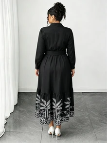 Elenzga Fashion Casual Vacation French Vintage Elegant Commuter Colorblock Print Waist-Cinching Dress Fall - Black - View 2