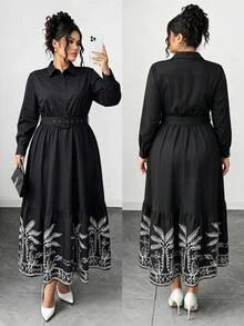 Elenzga Fashion Casual Vacation French Vintage Elegant Commuter Colorblock Print Waist-Cinching Dress Fall - Black - View 1