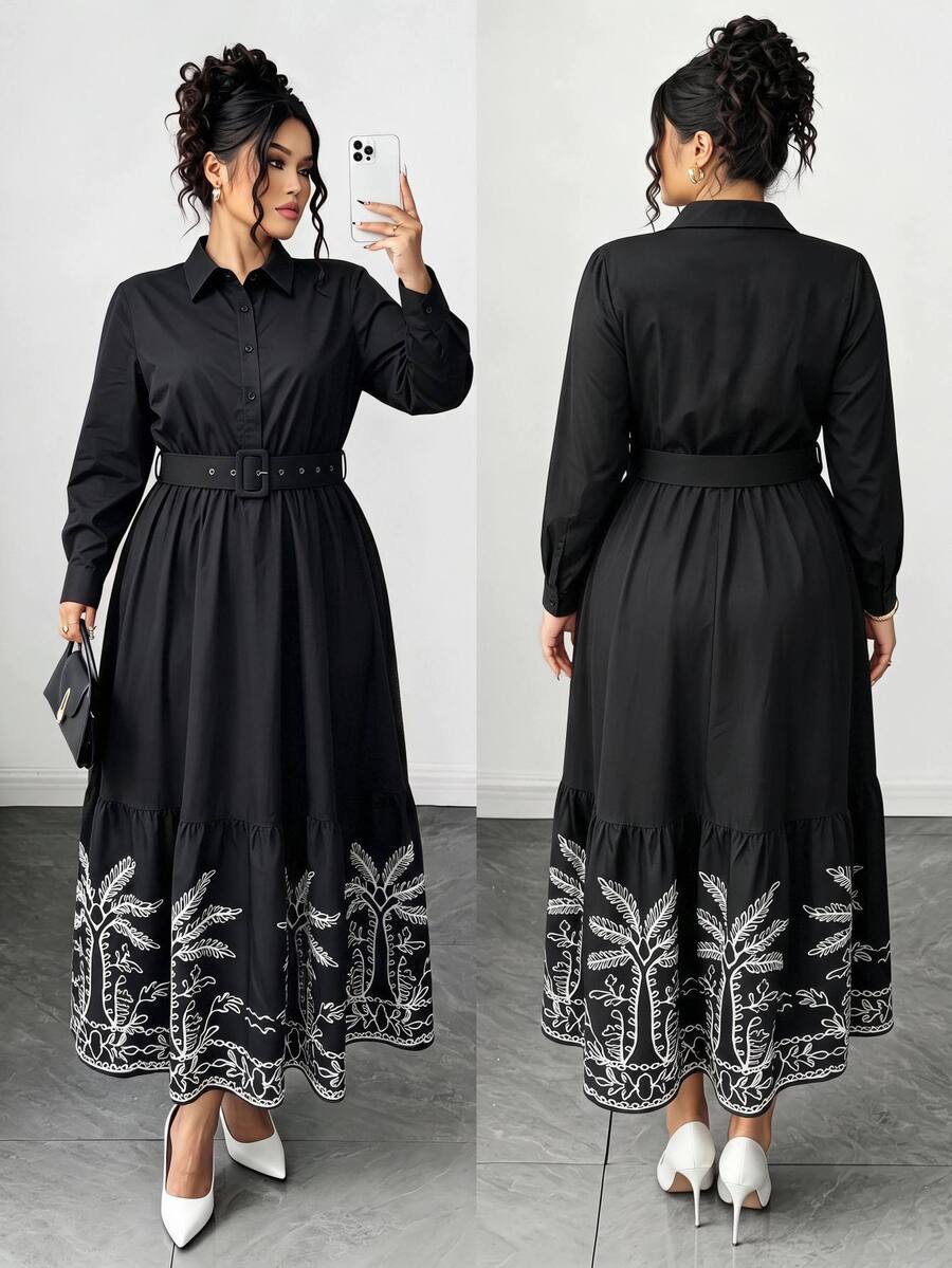 Elenzga Fashion Casual Vacation French Vintage Elegant Commuter Colorblock Print Waist-Cinching Dress Fall - Black - View 1