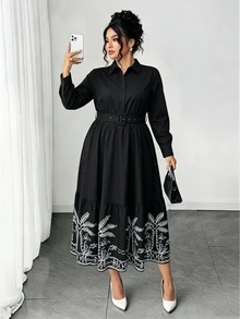 Elenzga Fashion Casual Vacation French Vintage Elegant Commuter Colorblock Print Waist-Cinching Dress Fall - Black - View 6
