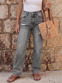 EMERY ROSE Women's Casual Fitted Distressed Straight Leg Jeans With Pockets - Grey - View 7
