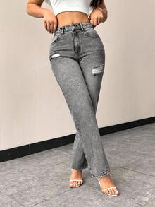 EMERY ROSE Women's Casual Fitted Distressed Straight Leg Jeans With Pockets - Grey - View 2