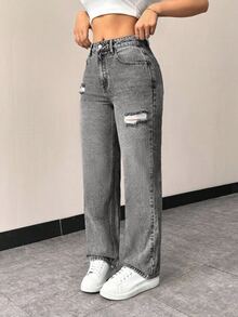 EMERY ROSE Women's Casual Fitted Distressed Straight Leg Jeans With Pockets - Grey - View 5