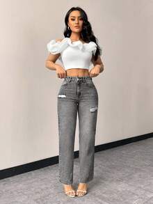 EMERY ROSE Women's Casual Fitted Distressed Straight Leg Jeans With Pockets - Grey - View 6