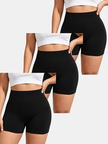 Gameset SHEIN Sport Set Celana Pendek Olahraga Wanita Ukuran Plus Tanpa Jahitan 3 Potong - Hitam - View 4