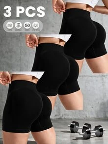 Gameset SHEIN Sport Set Celana Pendek Olahraga Wanita Ukuran Plus Tanpa Jahitan 3 Potong - Hitam - View 1