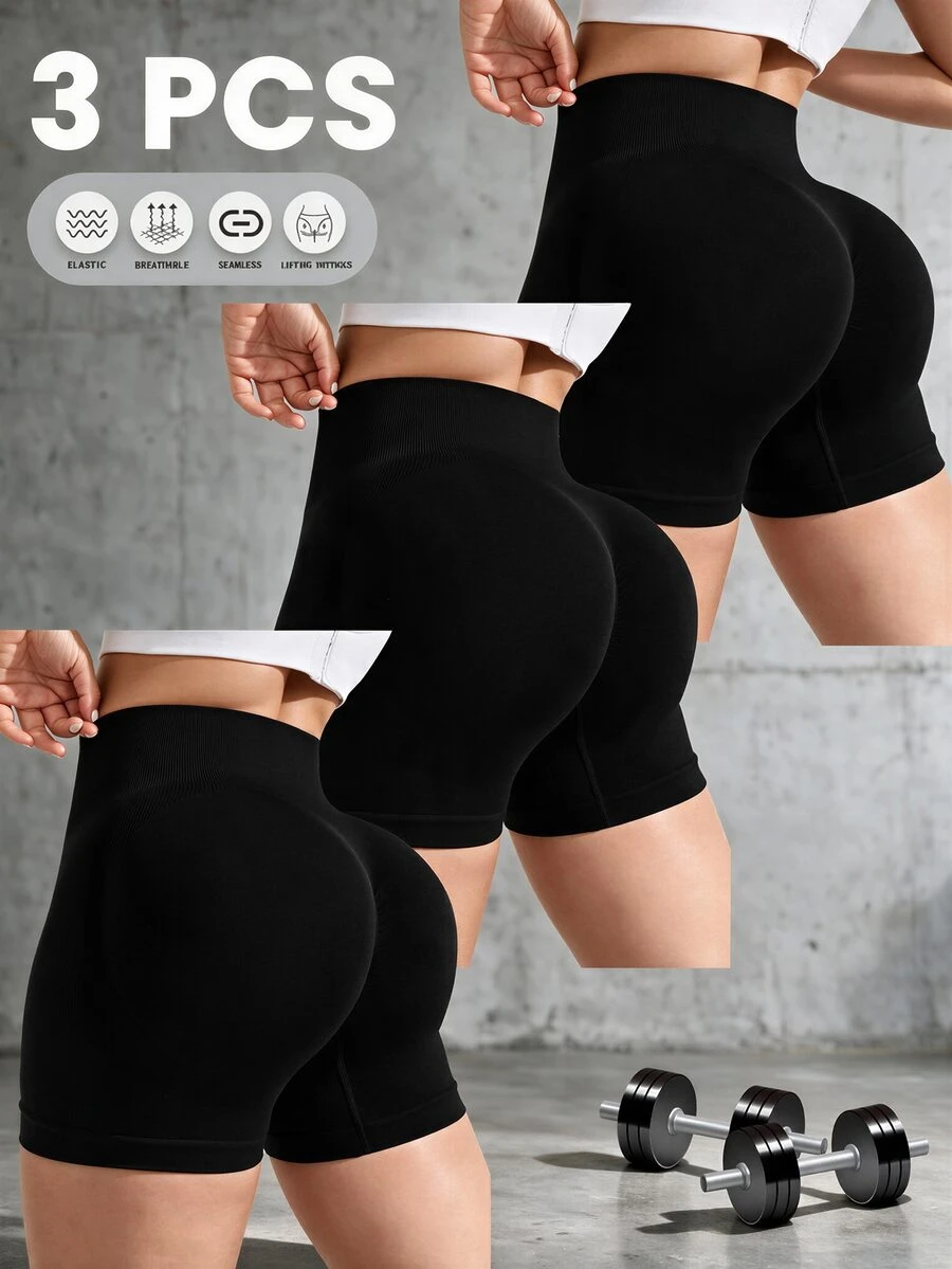 Gameset SHEIN Sport Set Celana Pendek Olahraga Wanita Ukuran Plus Tanpa Jahitan 3 Potong - Hitam - View 1