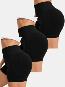 Gameset SHEIN Sport Set Celana Pendek Olahraga Wanita Ukuran Plus Tanpa Jahitan 3 Potong - Hitam - View 3