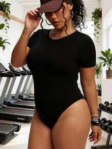 SHEIN Sports Women's Plus Size Solid Color Open Back Short Sleeve Athletic Jumpsuit Gym Sports Black Summer Pilates Gym - Black - View 5
